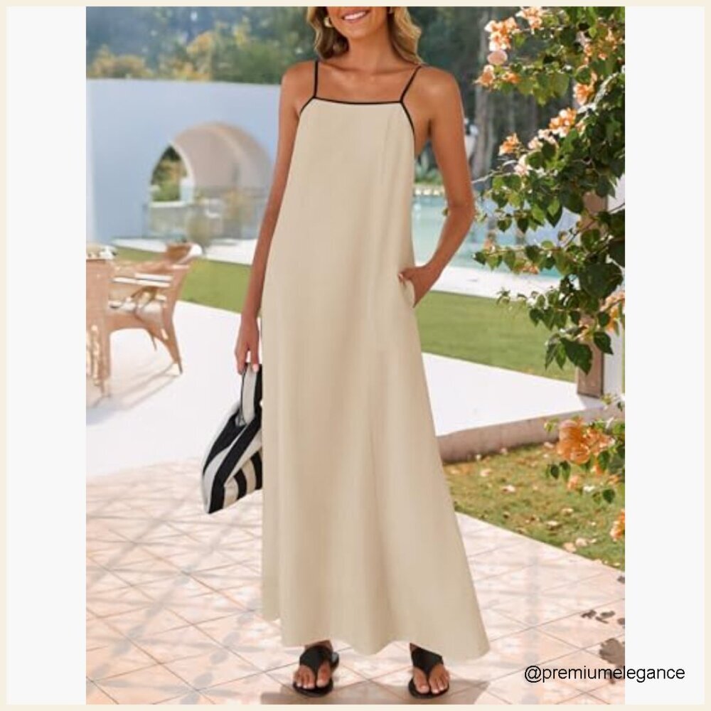 Sleeveless Maxi Dress Spaghetti Straps Square Neck Backless Loose Fit - Picture 2 of 7